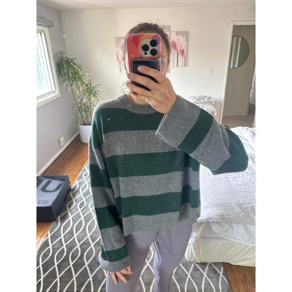 White + Warren Cashmere Stripped Crewneck Graphite/Emerald Medium NWT - Picture 5 of 10